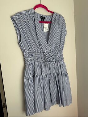 Nicole Miller Blue and White Striped V-Neck Tiered Bow Dress